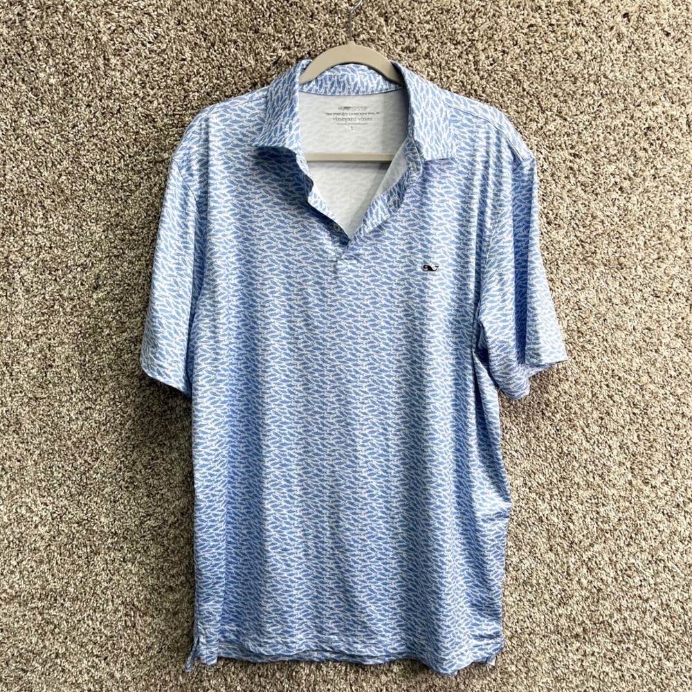 Vineyard Vines Polo Shirt Men's L Blue On-The-Go Sankaty Fish Print Short Sleeve